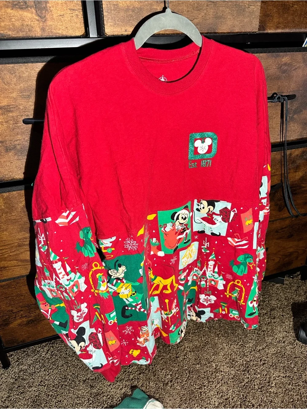Men's Red Walt Disney World Crewneck Sweatshirt with Holiday Character Panel - Picture 2 of 2